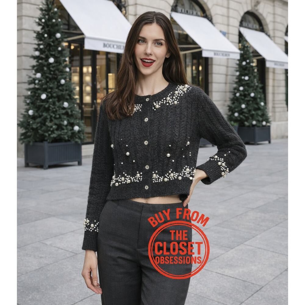 Zara NWT Gray Pearl Embellished Wool Blend Cardigan L - Picture 12 of 16